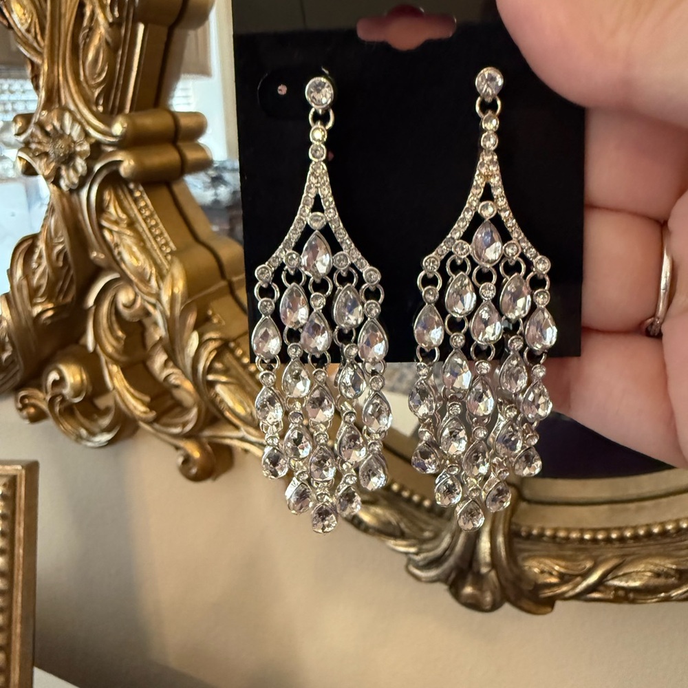 Statement Chandelier Earrings Silver Tone Rhinestone Dangle Bridal Prom Formal